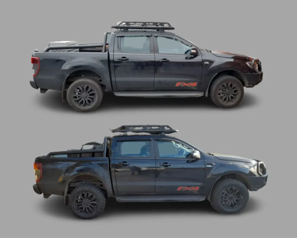Side-on views of a black Ford Ranger FX4 with a roof rack, shown with standard and larger all-terrain tyres
