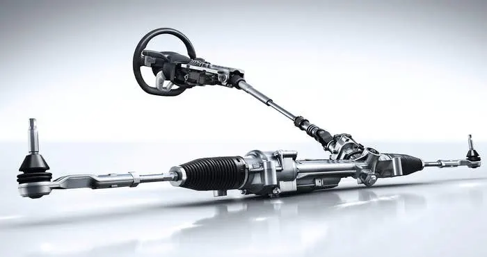 A steering wheel, steering column and steering rack shown as one assembly on a plain grey background