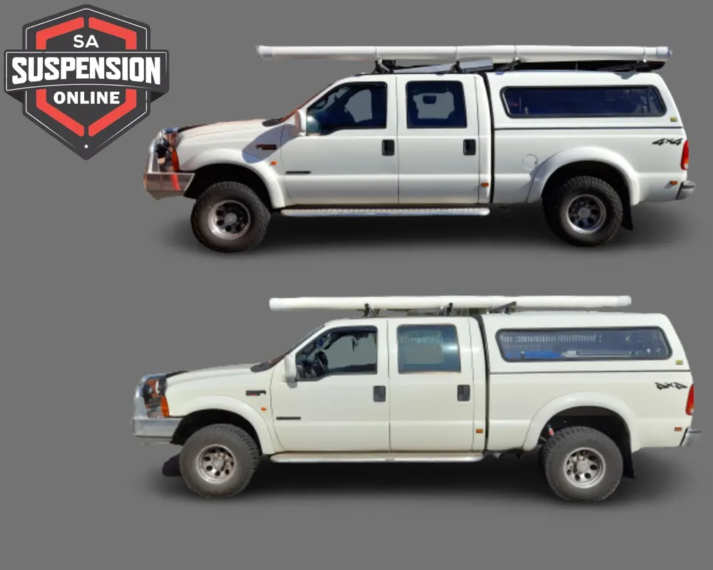 Side-on views of a white Ford F-250 crew cab with a canopy, shown at two ride heights