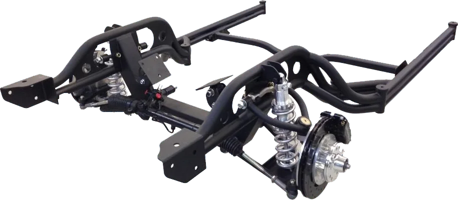 Black front suspension crossmember with coilover shocks, control arms and disc brakes